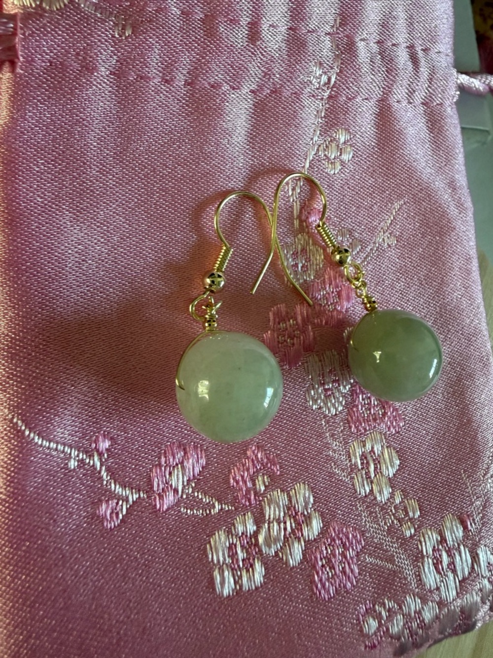 14K Gold Icy Light Jade Earrings - Picture 6 of 8